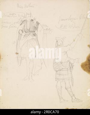 Verso. Etudes de costume écossais, 1840-1850. William Holman Hunt. Une feuille d'études de costumes. Y compris des études de costume écossais de vol II, plaque 15 des 'clans of the Scottish Highlandss' (Ackerman & Co, 1847). De l'autre côté, une étude qui peut être pour le collier de Sir Henry Lee dans la peinture 'DR Rochechliffe' maintenant dans une collection privée (Bronkhurst Cat.45). Banque D'Images
