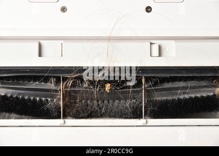 Brosse sale sur un aspirateur. Cheveux enveloppés sur l'axe de la brosse d'un aspirateur. Banque D'Images