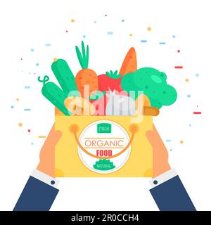 Bannière de légumes frais de tomates, concombres et choux, carottes, champignons et ail en sachet. Badge savoureux de nourriture naturelle. Autocollant vegan. Elem éco-design Illustration de Vecteur