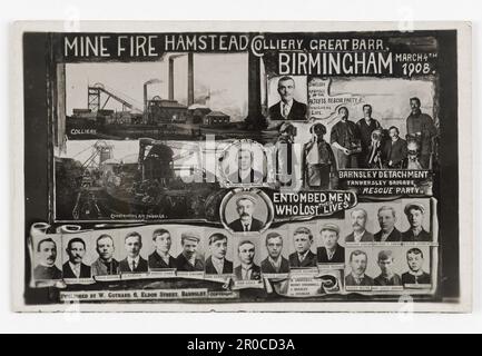 Carte postale - Mine Fire Hamstead Colliery, Great Barr, Birmingham, 1908. Vues topographiques - Kesterton Collection. Éditeur: W Gothard. Avec des vues sur la collierie, la soirée de secours et des portraits de mineurs qui ont perdu la vie dans la catastrophe. Banque D'Images