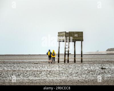 Refuge sur la promenade à travers les méplats de boue jusqu'à l'île Sainte de Lindisfarne, Northumberland, Angleterre, Royaume-Uni Banque D'Images