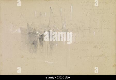 Turner's The Sun of Venice Going to Sea - Etude, 1843. Artiste: John Ruskin. Après : J M W Turner. Une copie des bateaux et du Campanile de S. Francisco della Vigna sur la droite de Turner 'le Soleil de Venise allant à la mer', avec des notes de couleur. Banque D'Images