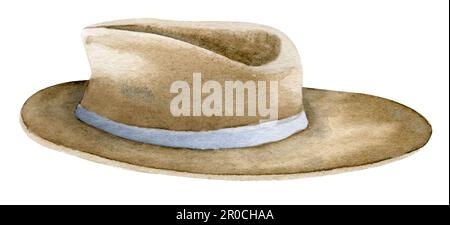 Chapeau de cowboy. Illustration aquarelle dessinée à la main d'un casque d'époque brun occidental sauvage pour le rodéo ou le voyage. Dessin coloré de tissu rétro pour l'aventure et le voyage sur fond isolé Banque D'Images