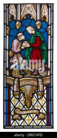 J'étais en Hongrie et je me suis donné de la viande, 1850-55. Partie inférieure de la fenêtre en vitrail en deux parties. De la chapelle de Union Workhouse, hôpital Summerfield, Dudley Road, Birmingham. Fabricant: Chance Brothers & Co. . Banque D'Images
