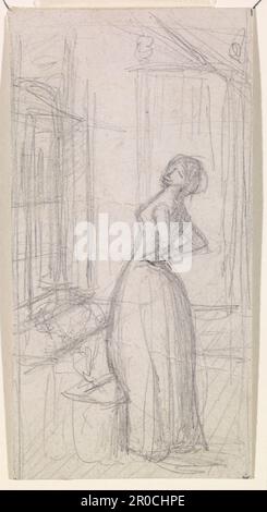 Mariana - Figure Sketch, 1850. Artiste: John Everett Millais.. Les travaux connexes comprennent une étude de plume et d'encre de la figure de Mariana dans le Musée Victoria et Albert et la peinture appartenant à Tate.le sujet de Mariana se réfère à son rejet par Angelo; elle est par la suite dans une grange titrée où elle attend d'être réunie avec sa fiancée. Ce dessin est préparatoire à une illustration du poème d'Alfred Tennyson « ariana » (1830), qui à son tour a été inspiré par « Measure for Measure » de Shakespeare. Banque D'Images