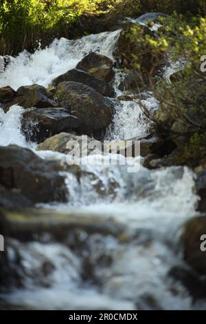 Une scène idyllique de la nature avec une cascade tranquille en cascade sur un ensemble de grandes pierres grises Banque D'Images