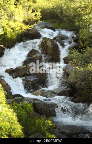 Une scène idyllique de la nature avec une cascade tranquille en cascade sur un ensemble de grandes pierres grises Banque D'Images