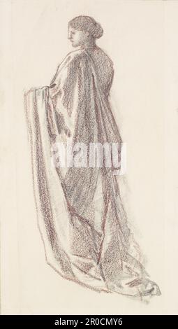 Femme - étude sur la draperie - personnage de fond pour St Theophilus et l'Ange? 1864-65. Crayon avec la craie brune rouge sur la craie crème sur le papier. Artiste: Edward Burne-Jones Banque D'Images