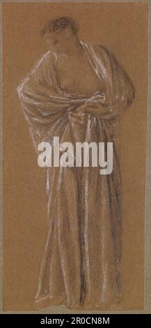 Femme - Drapery étude de la figure féminine debout, 1864-65. Craie noire et blanche sur papier marron. Artiste: Edward Burne-Jones Banque D'Images