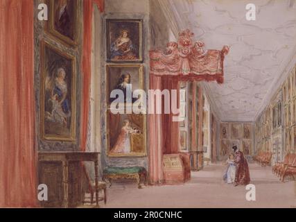 Intérieur de la long Gallery, Hardwick Hall, Derbyshire, 1838. David Cox Banque D'Images