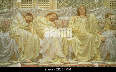 Dreamers, 1882. Artiste: Albert Joseph Moore. 'Deremers' est une œuvre décorative qui crée des harmonies de motifs, de tons et de couleurs. Le même modèle est représenté trois fois, les traits faciaux sont généralisés pour éviter l'individualité détournant de la sensation visuelle de l'image. Les trois femmes font autant partie du modèle que le treillis derrière elles ou le tissu sur le canapé. Banque D'Images