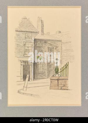 Vue topographique de Birmingham.dessin crayon. Maisons et coin du pont au-dessus de la rivière Rea, Digbeth, Birmingham. Par F. Chamberlain Banque D'Images