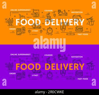Concept de vecteur de service de livraison de nourriture avec des icônes de ligne mince d'application mobile de commande en ligne. Voiture de livraison, vélo de coursier et vélo, restaurant de restauration rapide Illustration de Vecteur