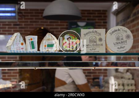 Neufchâtel, Camembert, Pont-l'Évêque et Livarot sont des fromages artisanaux français fabriqués en Normandie et vendus sur le marché central de Rouen. Banque D'Images