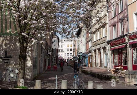 Rue eau de Robec dans le centre-ville historique de Rouen, France, avec fleur de printemps. Banque D'Images