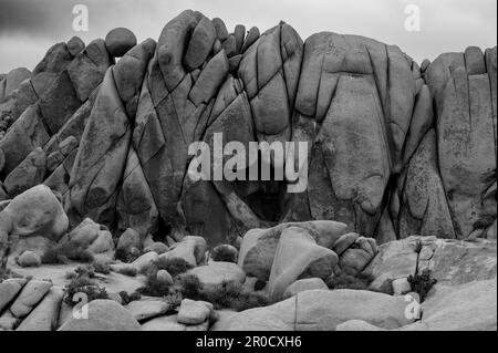 Photo en niveaux de gris des formations rocheuses du parc national de Joshua Tree en Californie, aux États-Unis Banque D'Images