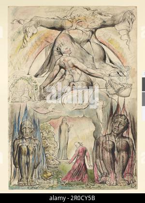 La Mission de Virgile, 1824-27. William Blake. Blake était un visionnaire extraordinairement individuel dont le travail incarne la qualité la plus célèbre de l'art britannique - sa nature littéraire. Même en illustrant le travail d'autres auteurs, Blake a appliqué son propre symbolisme et sa propre vision du monde de sorte que ses illustrations soient souvent des interprétations véritables. Le musée et la galerie d'art de Birmingham possèdent six aquarelles de la série de dessins de Blake pour des illustrations à la 'Divine Comedy' de Dante dans laquelle Virgile guide Dante à travers les étapes de son salut spirituel. Blake estime que la religion organisée est cruelle et oppr Banque D'Images