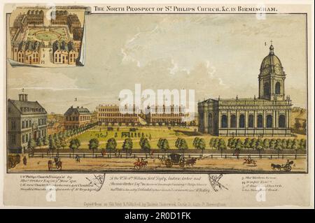 La perspective nord de l'église St Philip.&c. À Birmingham, 1825-1875. Après : William Westley. Artiste: Thomas Underwood. Vue sur l'église Saint-Philippe, Birmingham et les bâtiments environnants, y compris l'ancienne école de Charité et la maison du recteur, avec la flèche de l'église Saint-Martin à distance. Banque D'Images