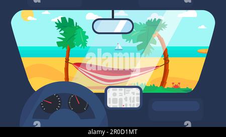 Concept Hello Summer avec hamac sur la plage de palmiers depuis l'intérieur de la voiture avec roue, compteur de vitesse, navigateur gps. Affiche tropicale de voyage de vacances avec Illustration de Vecteur