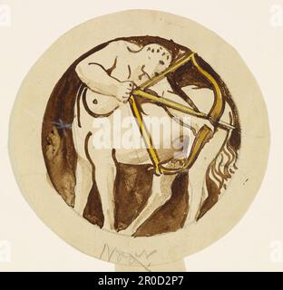 Les douze signes du Zodiaque - Sagittaire. Artiste: Philip Speakman Webb (d.1915). Les 12 signes du zodiaque, dessins pour vitraux pour une lumière circulaire de la trasery avec un diagramme de crayon montrant la position de chaque dessin dans la trasery. Banque D'Images