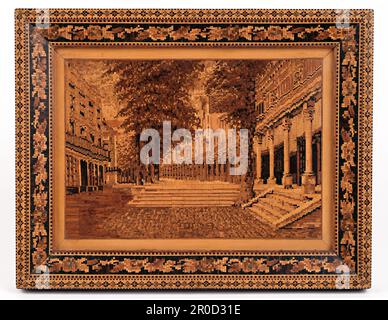 The Pantiles, 1840-60. Panneau - incrustation Tunbridgeware image et cadre. Le cadre et l'image des Pantiles, Tunbridge Wells, ont été faits en mosaïque de grain final. Il a été fait par James Brown alors qu'un apprenti dans l'atelier Holamby autour de 1850... Acheté auprès d'Edward H Pinto, 1965. Banque D'Images