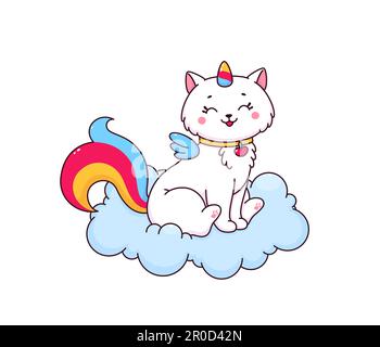 Personnage de caticorne de dessins animés sur un nuage moelleux avec corne de licorne, queue et ailes d'ange arc-en-ciel. Mignon chat blanc vecteur personnage, adorable chaton ou chaton Illustration de Vecteur