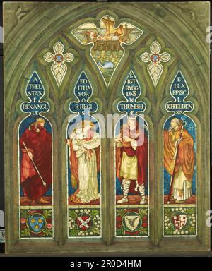 Le mariage de l'édifice avec Sigtrygg, roi de Northumbrie, 1909. Après une conception par Ford Madox Brown. Artiste: Thomas Matthews Rooke. Cette aquarelle est une copie de la première fenêtre du côté sud du Clerestory de Chancel, St Edith, Tamworth, Staffordshire, représentant Athelstan, roi de l'Ouest-Saxe, donnant sa sœur, St editha à Sigtrig, roi de Northumbrie, Qui place un anneau sur son doigt comme Aella, l'évêque de Lichfield regarde dessus. La galerie d'art Whitworth, Manchester, contient les dessins animés originaux de cette fenêtre qui date de 1873. Thomas Rooke a travaillé comme studio assi de Burne-Jones Banque D'Images