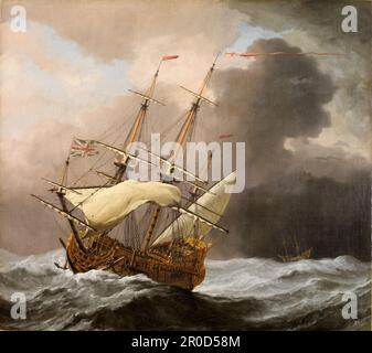 The English Ship Hampton court in a Gale, 1678-80. Artiste: Willem van de Velde le plus jeune.. Willem Van de Velde le plus jeune était un peintre marin néerlandais. Il émigra en Angleterre avec son père en 1674, tous deux employés au service du roi Charles II La représentation précise du navire lui a permis d'être identifié comme le galléon de soixante-dix canons HMS Hampton court construit pour la première flotte navale du roi... Un dessin du Hampton court par Willem The Elder (1611-1693) est dans la collection du Musée maritime national de Londres. Banque D'Images