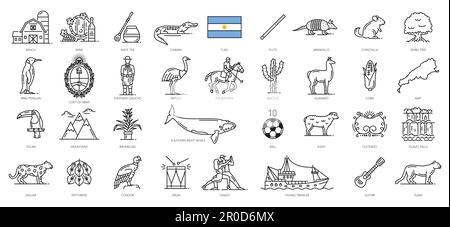 Icônes de la ligne Argentine, symboles de voyage et sites touristiques argentins, culture vectorielle, alimentation et tradition. Drapeau argentin et carte contours icônes, vin a Illustration de Vecteur