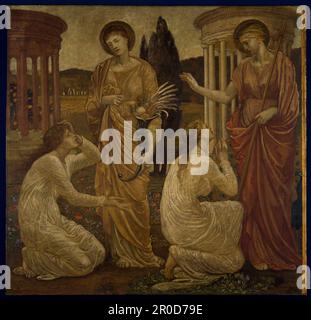 Cupid et psyché - peintures murales vertes du palais - psyché aux Shrines de Juno et Cérès, 1881. Par Sir Edward Burne-Jones et Walter Crane. Une scène de William Morris 'le Paradis terrestre'. Banque D'Images