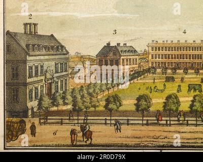 Détail de la perspective nord de l'église St Philip.&c. À Birmingham, 1825-1875. Après : William Westley. Artiste: Thomas Underwood. Vue sur l'ancienne Charity School et la maison du recteur. Banque D'Images