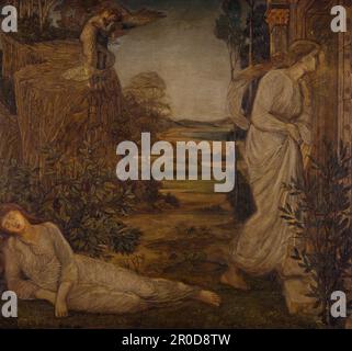 Cupid et psyché - peintures murales vertes du palais - Zephyrus portant psyché à la montagne, 1881. Par Sir Edward Burne-Jones et Walter Crane. Une scène du poème épique de William Morris, « le paradis terrestre ». Banque D'Images