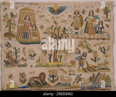 Panneau brodé, 1630. Empiècement brodé, avec fils de soie. Représentant Sarah et Isaac à la porte de la tente, Adam et Eve debout sous un pommier avec serpent, un homme femme et enfant, un homme labourant un champ, un berger assis avec des moutons, des papillons, des papillons, des oiseaux, un lion et léopard, écureuil et lapin, le soleil entouré d'oiseaux. Banque D'Images