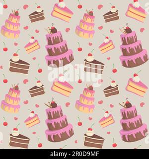 Fond coloré et répétitif de gâteaux et de tranches de gâteau fait de simples illustrations vectorielles. Illustration de Vecteur
