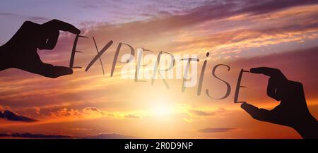 Expertise - mains humaines tenant un mot de silhouette noir Banque D'Images