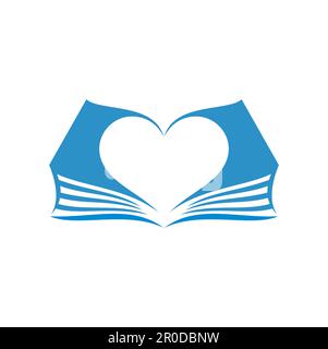 Icône de livre, cœur sur les pages ouvertes, symbole vectoriel de bibliothèque ou de librairie. Boutique de livres en ligne ou icône d'application d'ebook numérique pour librairie de littérature, bibliothèque d'éducation Illustration de Vecteur