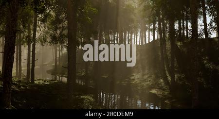 une forêt sombre dans laquelle, à certains endroits, les rayons du soleil se brisent à travers les couronnes des arbres - illustration 3d Banque D'Images