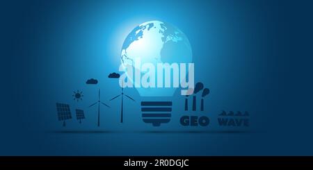 Blue Eco Energy concept Icon largeur de conception divers équipements de production d'énergie alternative, globe terrestre et ampoule Illustration de Vecteur