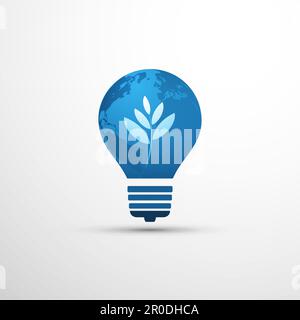 Blue Eco Energy concept Icon Design - feuilles blanches et globe terrestre à l'intérieur d'une ampoule Illustration de Vecteur