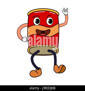 Groovy drôle CAN, bouteille personnage de dessin animé, vintage hippie 70s. Personnage de Doodle Bic Bright Illustration de Vecteur