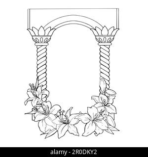 Dessin de ligne graphique. Vecteur. Arche avec colonnes décorées de lis. De la collection DE BIJOUX EN CHEVEUX. Pour la conception de sites Web, cartes de visite, autocollants, invitations, cartes postales et imprimés. Illustration vectorielle Illustration de Vecteur