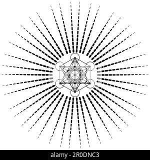 Cube de Metatron, fleur de vie. Géométrie sacrée sur le soleil radieux, élément graphique vecteur isolé Illustration. Solides platoniques Mystic Icon, abstraits Illustration de Vecteur