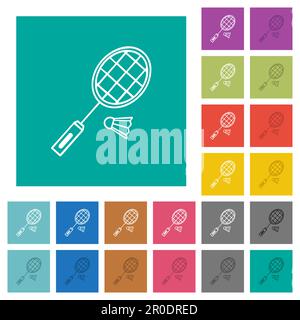 Raquette de badminton et cache-boutons présentent des icônes plates multicolores sur fond carré Uni. Variantes d'icône blanche et foncée incluses pour le survol ou Illustration de Vecteur