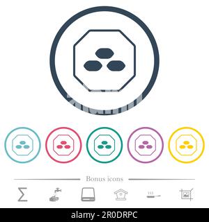 Le panneau de sanction du charbon en forme d'octogonal présente des icônes de couleur plate dans des contours ronds. 6 icônes bonus incluses. Illustration de Vecteur
