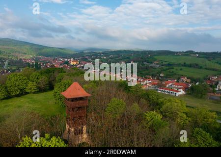 Vue aérienne sur la tour d'observation de Varhegy qui est située non loin des ruines du château de Schlossberg. Le nom hongrois est Vár-hegyi kilátó Banque D'Images