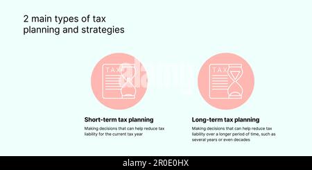 Bannière planification et stratégies fiscales sur fond clair. Élégante bannière fiscale avec texte noir et icônes colorées des formulaires de taxes et des sabliers Illustration de Vecteur