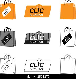 Cliquez sur et collectez l'ensemble d'icônes de collection. Sac en papier, logo, autocollant, affiche. Illustration vectorielle Illustration de Vecteur