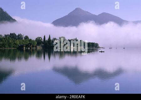 Lac de brouillard avec montagne en arrière-plan, Walchensee avec Jochberg, haute-Bavière, Allemagne Banque D'Images