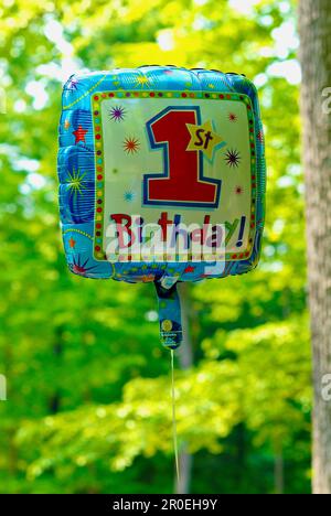 Un seul anniversaire « 1st ans ! » un ballon en mylar rempli d'hélium flotte au-dessus d'une table lors de la première fête d'anniversaire d'un enfant. Banque D'Images