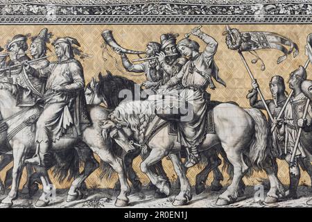 Procession des Princes, détail, musicien à cheval de la retinue de Conrad le Grand, fresque sur carreaux de la manufacture de porcelaine Meissen Banque D'Images